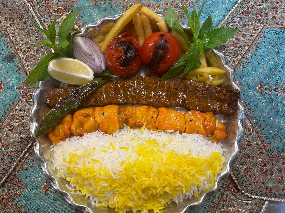 Momtaz Kebab ( 1 skewer veal Fillet  (Barg) & 1 skewer chicken kebab with rice)